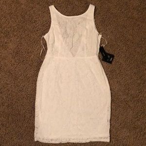 Lulus White lace dress draped pearls along back